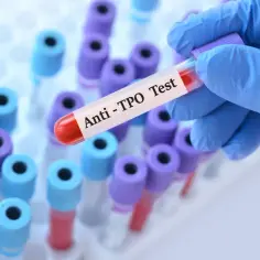 Ręka w niebieskiej rękawiczce trzyma probówkę z krwią do testu anty-TPO. W tle stoją inne probówki.