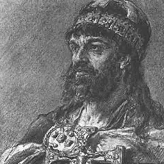 Portret Bolesława Chrobrego, pierwszego króla polskiego, z mieczem i koroną.