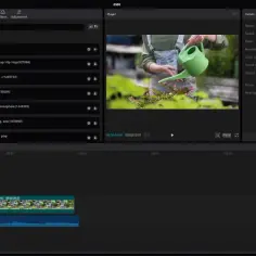 Edytor wideo CapCut z podglądem filmu z podlewaniem roślin i listą utworów muzycznych.