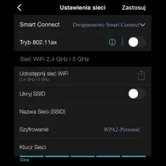Ekran ustawień sieci WiFi z opcjami Smart Connect, trybu 802.11ax i ukrywania SSID.