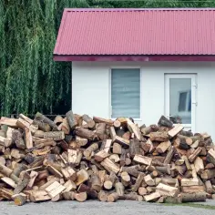 Stos drewna opałowego przed białym budynkiem z czerwoną dachem, obok drzew.