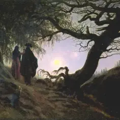 Dwie postacie pod drzewem, księżyc w pełni, mroczny las. Obraz oddaje nastrój tajemnicy i melancholii, typowe cechy ballady.