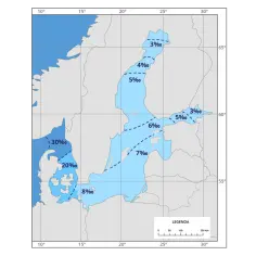 Mapa pokazuje, ile zasolenia ma Bałtyk. Wody przy Danii mają 30‰, a w głębi morza od 3‰ do 8‰.