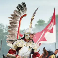 Huzar w zbroi i z pióropuszem na hełmie, z szablą w dłoni, na tle czerwono-białych flag.