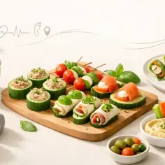 Zdrowa przekąska po treningu: roladki z tortilli, koreczki caprese, ogórki z pastą, smoothie i warzywa z hummusem.