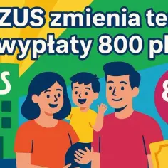 Ilustracja rodziny z dzieckiem przed budynkiem ZUS, z napisem "800 plus".