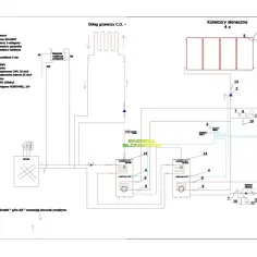 Schemat instalacji z kolektorami słonecznymi, zasobnikami CWU i kotłem.