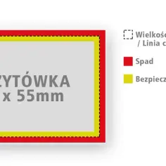 Schemat wizytówki 85x55mm: czerwony spadek, żółty bezpieczny margines. Określa docelowy rozmiar wizytówki.
