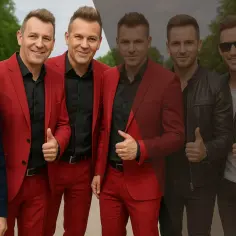 Zespół disco polo w czerwonych garniturach i skórzanych kurtkach pozuje do zdjęcia, dając kciuki w górę.