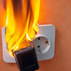 Płonąca wtyczka w gniazdku elektrycznym, groźny **zwarcie** wywołuje pożar.