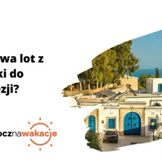 Ile trwa lot z Polski do Tunezji? Biały budynek z niebieskimi drzwiami i oknami, widok na morze.