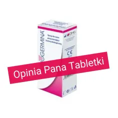 Opakowanie sprayu do nosa Rinogermina z napisem "Opinia Pana Tabletki".