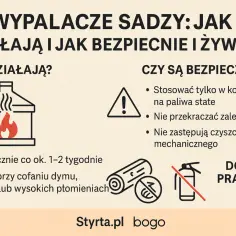 Ilustracja przedstawia kominek z ogniem, znaki ostrzegawcze, drewno i gaśnicę z przekreśleniem.