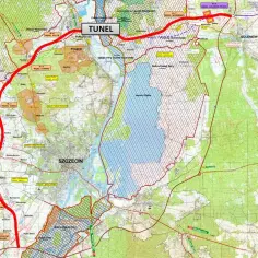 Mapa przedstawia przebieg zachodniej obwodnicy Szczecina, z zaznaczonym tunelem pod Odrą i węzłami drogowymi.