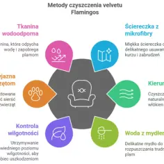 Jak wyczyścić fotel z materiału? Diagram pokazuje metody: tkanina wodoodporna, przyjazna zwierzętom, kontrola wilgotności, ściereczka z mikrofibry, kierunek włókien i woda z mydłem.
