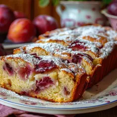 Ciasto śliwkowe posypane cukrem pudrem na talerzu z kwiatowym wzorem, obok świeże śliwki.