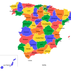 Mapa Hiszpanii podzielona na prowincje, pokolorowane różnymi kolorami, z nazwami prowincji.