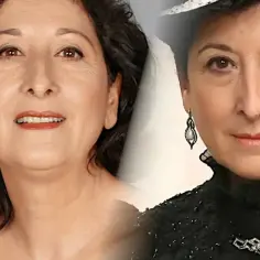 Dwie twarze aktorki z "Akacjowej 38" - jedna w luźnej stylizacji, druga w eleganckiej sukni i kapeluszu.