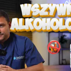 Mężczyzna w niebieskiej koszuli, obok buteleczka Disulfiramu (esperal) i znak zakazu alkoholu.