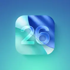 Ikona z numerem 26, stylizowana na szkło, na tle gradientu niebiesko-zielonego. Symbolizuje aktualizację iOS 26.4.