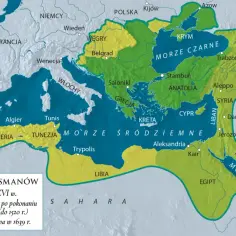 Mapa Imperium Osmańskiego, pokazująca jego rozległe terytoria od Europy po Bliski Wschód. Widać tu m.in. Anatolię, Egipt i tereny zajęte przez pashę.