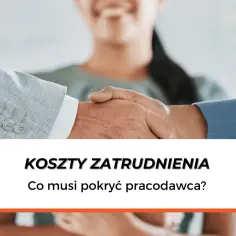 Uścisk dłoni dwóch mężczyzn w garniturach, z tekstem "Koszty zatrudnienia".