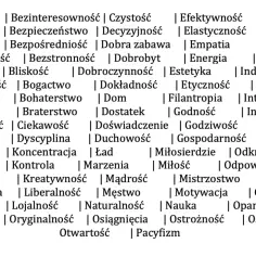 Lista wartości życiowych: akceptacja, altruizm, ambicja, asertywność, atrakcyjność, autentyczność, autonomia, balans, charytatywność, cierpliwość, komfort, kompetencja, kompromis, komunikacja, logika, optymizm, bezinteresowność, bezpieczeństwo, bezpośr...