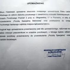 UPOWAŻNIENIE dla Pana Lecha Woźnego do odbioru przesyłek filatelistycznych z Urzędu Pocztowego Poznań 2. Oryginał dokumentu jest dowodem, że posiada pozwolenie na użytkowanie.
