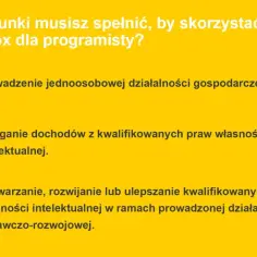 Warunki ulgi IP Box dla programisty: jednoosobowa działalność, dochody z IP, rozwój IP w ramach B+R.