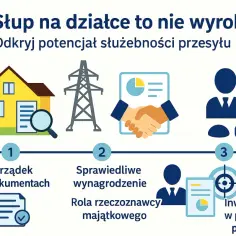 Ilustracja przedstawia proces ustanawiania służebności przesyłu: porządek w dokumentach, sprawiedliwe wynagrodzenie i inwestycja w pewność prawną.