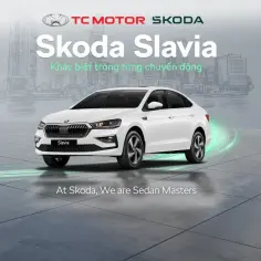 Biała Skoda Slavia na tle szkiców miasta. "Skoda Slavia - wyjątkowa w każdym ruchu".