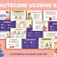 Grafika przedstawia infografikę o skutecznej nauce. Zawiera porady dotyczące organizacji nauki, technik zapamiętywania, stylów uczenia się, planowania i koncentracji.