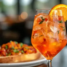 Orzeźwiający Campari Spritz z plasterkiem pomarańczy i listkami mięty, obok bruschetty. Idealny na letnie popołudnie.