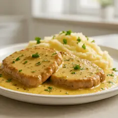 Dwa kotlety schabowe w sosie musztardowym z puree ziemniaczanym, posypane natką pietruszki.