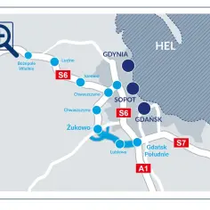 Mapa obwodnica metropolitalna Trójmiasta: S6, S7, A1 łączą Gdynię, Sopot, Gdańsk, Hel i okoliczne miejscowości.