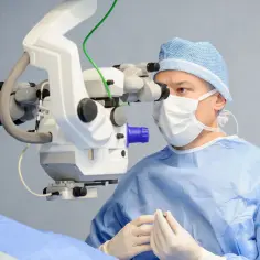 Chirurg w masce i czepku operacyjnym pracuje przy mikroskopie. Czy operacja jaskry jest bezpieczna? Tak, dzięki precyzji i doświadczeniu.