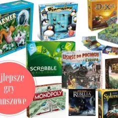 Kolekcja najlepszych gier planszowych dla dzieci: Super Farmer, Pingwiny na lodzie, Dixit, Scrabble, Monopoly, Wsiąść do pociągu, Rebelia, Robinson Crusoe, Splendor.