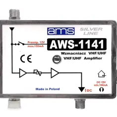 Wzmacniacz sygnału antenowego AWS-1141 VHF/UHF. Urządzenie zasilane 12V, max. 100mA, wyprodukowane w Polsce.