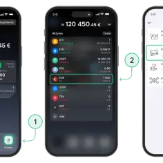 Trzy ekrany aplikacji mobilnej pokazujące proces wypłaty środków z portfela kryptowalut.