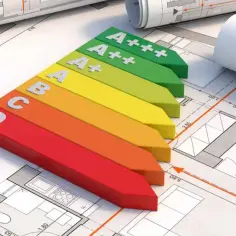 Kolorowy wskaźnik od D do A+++ na tle planów architektonicznych, symbolizujący charakterystykę energetyczną mieszkania.