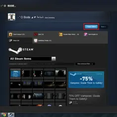 Ekran Steam z widocznym przyciskiem "Trade Offers" i listą przedmiotów.