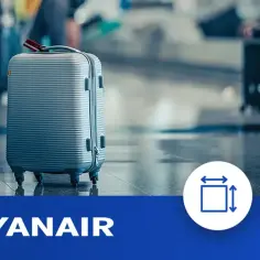 Szara walizka na lotnisku. Ikony symbolizują wymiary i wagę, co można mieć w bagażu podręcznym Ryanair.
