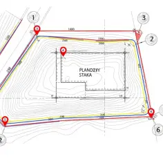 Mapa geodezyjna z zaznaczonymi granicami działki, punktami pomiarowymi i legendą.