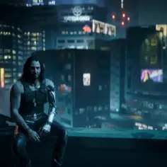 Mężczyzna z cybernetycznym ramieniem siedzi na dachu, patrząc na nocne miasto. Nawet w świecie cyberpunk dobre uczynki popłacają.