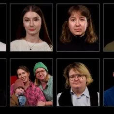 Portret młodej kobiety, która może być lezbijka, obok niej uśmiechnięta para z dzieckiem.