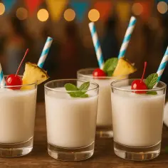 Cztery orzeźwiające drinki z Malibu, udekorowane ananasem i wiśnią. Idealne na letnie przyjęcie, pokazują jak zrobić drinka z malibu.
