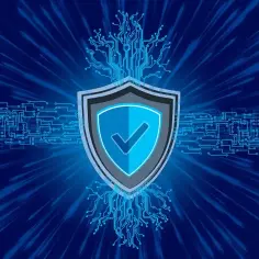 Tarcza z zaznaczonym ptaszkiem symbolizuje bezpieczeństwo, jak w Google Play Protect, otoczona cyfrowymi obwodami na niebieskim tle.