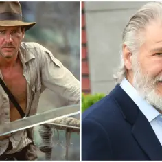 Harrison Ford jako Indiana Jones w "Poszukiwaczach zaginionej Arki" i jako starszy pan z siwą brodą.