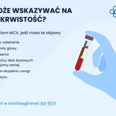 Ręka w rękawiczce trzyma probówkę z krwią. Tekst informuje, że mcv za wysokie może wskazywać na niedokrwistość, wymieniając objawy.