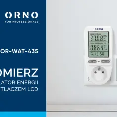 Biały miernik energii ORNO OR-WAT-435 z wyświetlaczem LCD, pokazujący zużycie i koszt energii. To praktyczny wzór na energię.